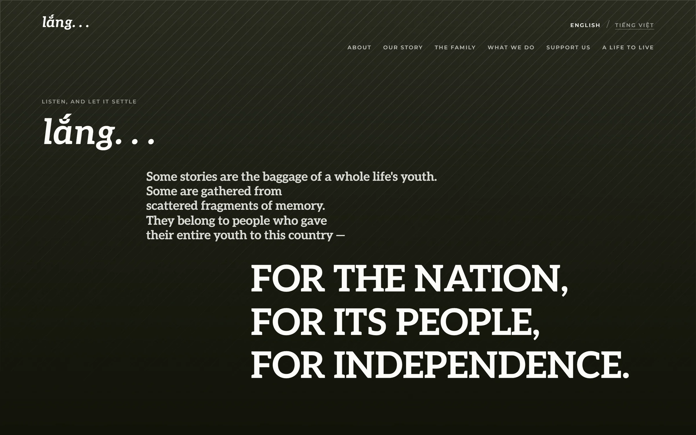 The lắng. . . website's opening screen in English