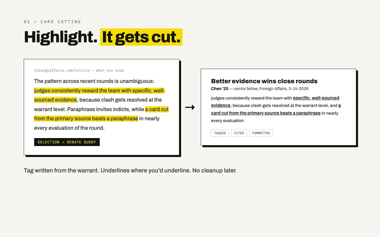 A highlighted passage on the left turning into a cut card with a tag and underlines on the right