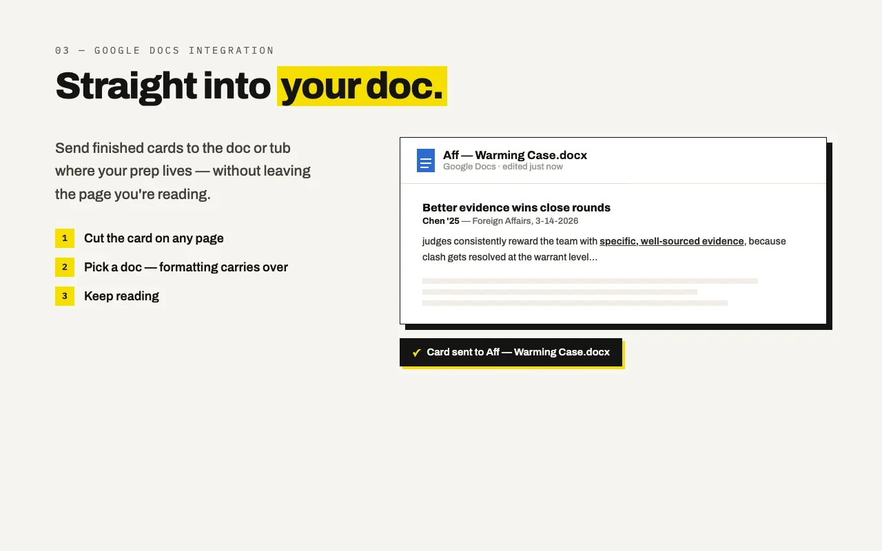 A finished card sent straight into a Google Doc