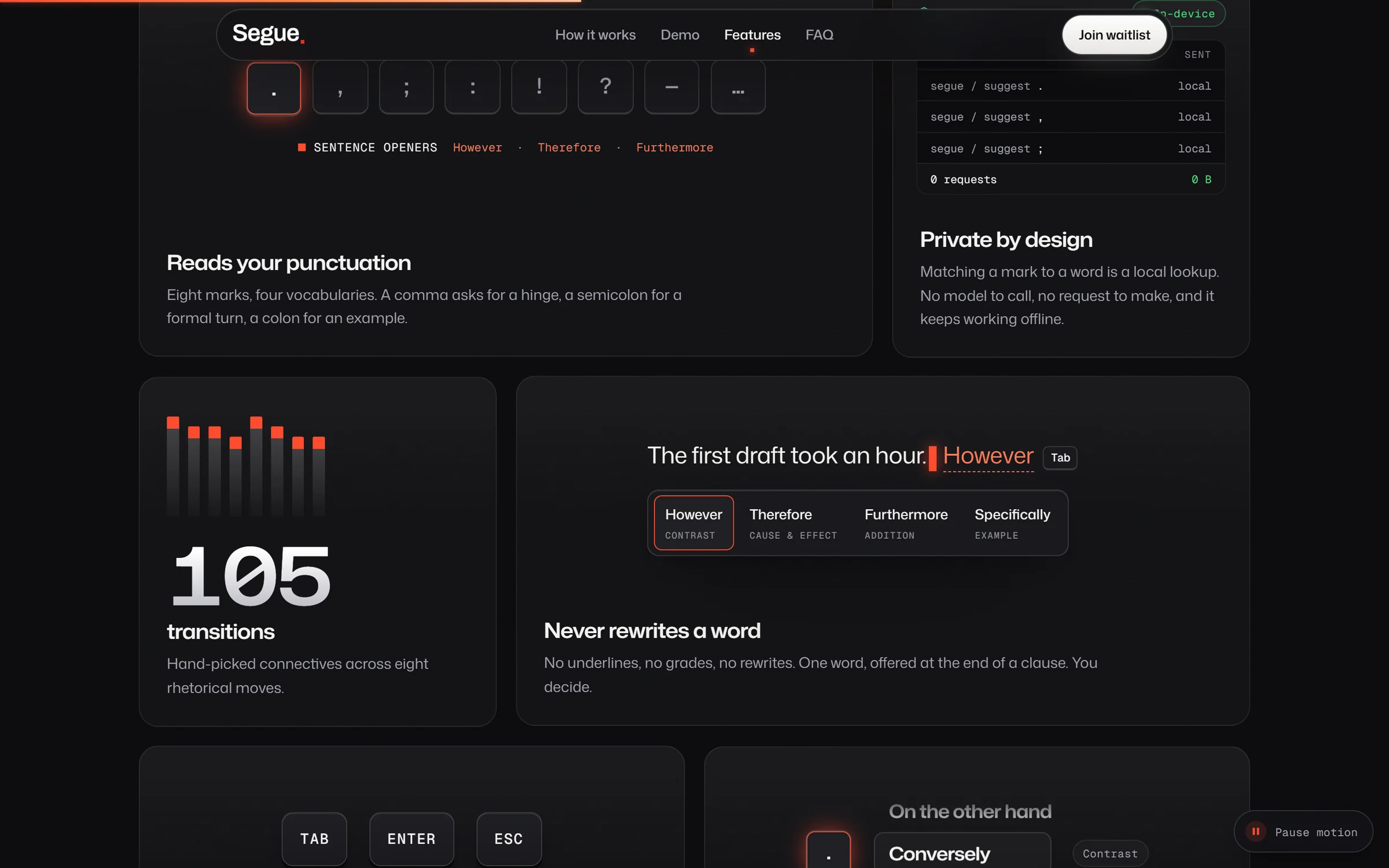 Segue's features: it reads your punctuation, stays private, and offers 105 transitions