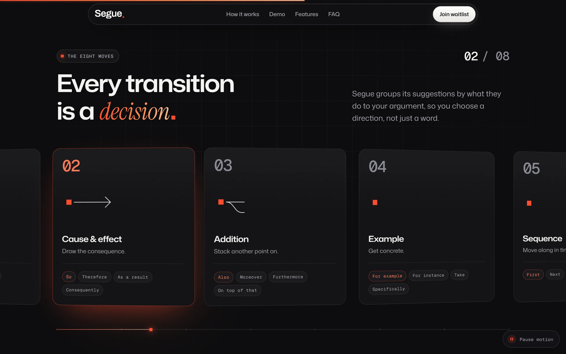 The eight rhetorical moves Segue groups its transitions into
